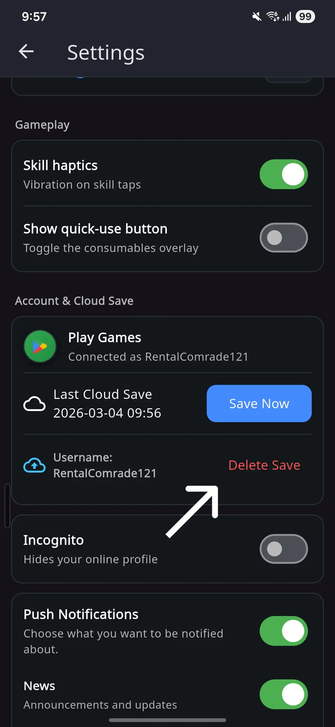 Settings screen with Cloud Save section
